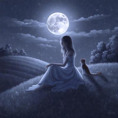 The primary subject of the image is a woman sitting on a grassy hill at night, looking up at the moon. The setting is a peaceful, outdoor environment with a night sky as the backdrop. The visual style is a painting, which creates a sense of tranquility and beauty. The colors and mood of the image are predominantly dark, with the woman and the moon being the main focus, creating a serene and contemplative atmosphere.